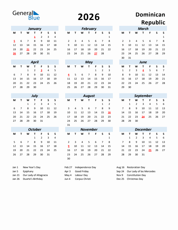 2026 Calendar for Dominican Republic with Holidays