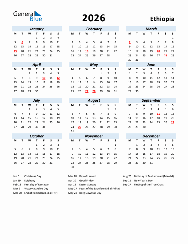 2026 Calendar for Ethiopia with Holidays