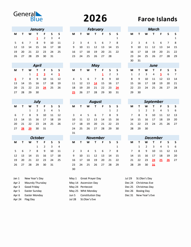 2026 Calendar for Faroe Islands with Holidays