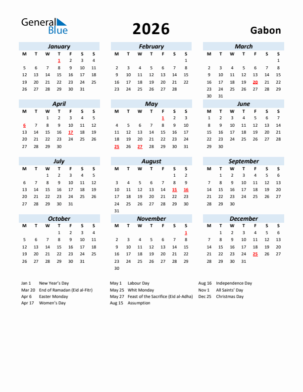 2026 Calendar for Gabon with Holidays