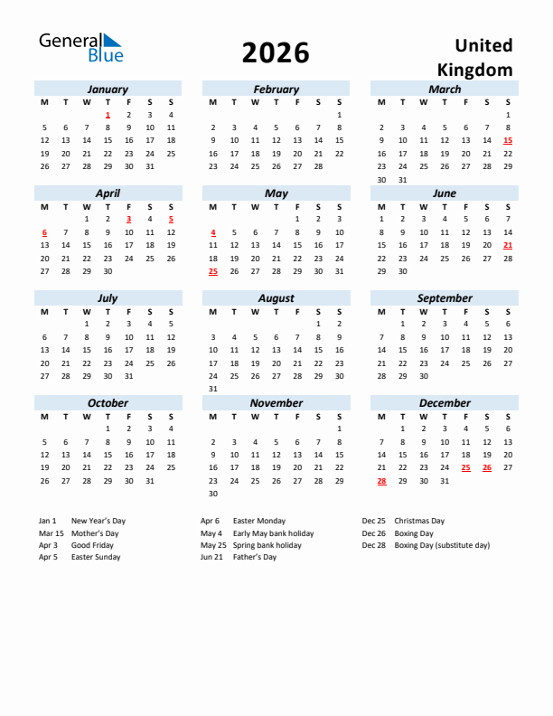 2026 Calendar for United Kingdom with Holidays