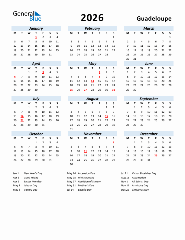 2026 Calendar for Guadeloupe with Holidays