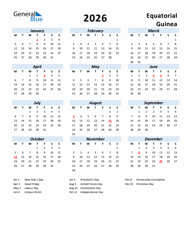 2026 Calendar for Equatorial Guinea with Holidays