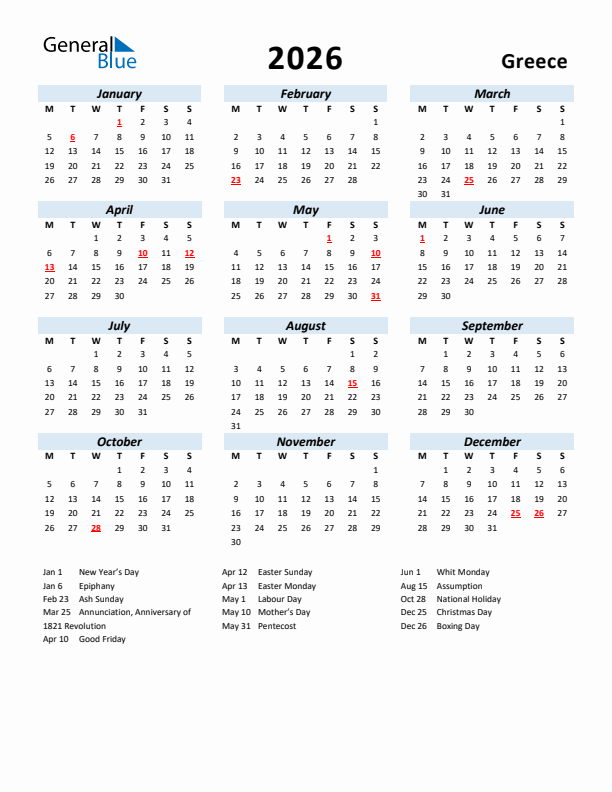 2026 Calendar for Greece with Holidays