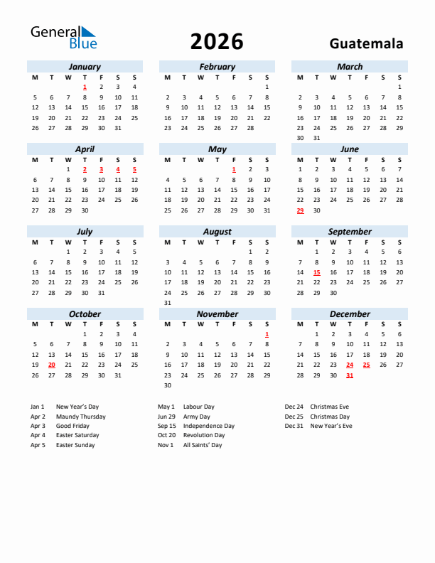 2026 Calendar for Guatemala with Holidays