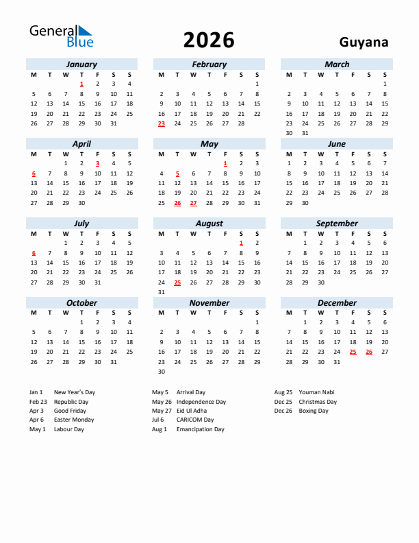 2026 Calendar for Guyana with Holidays