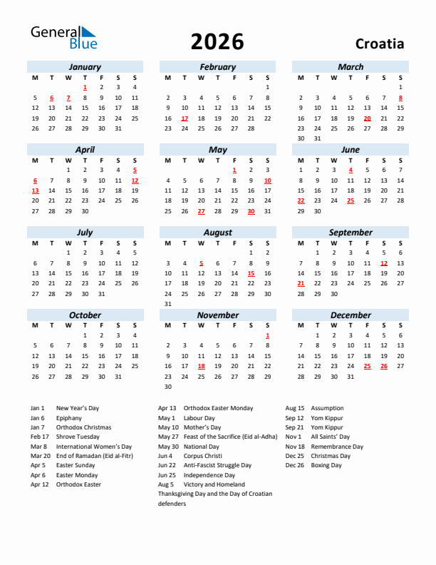 2026 Calendar for Croatia with Holidays