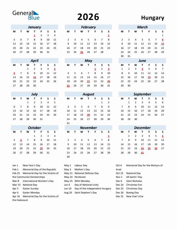 2026 Calendar for Hungary with Holidays