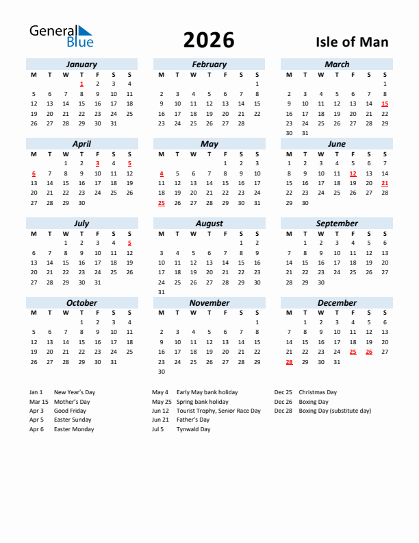 2026 Calendar for Isle of Man with Holidays