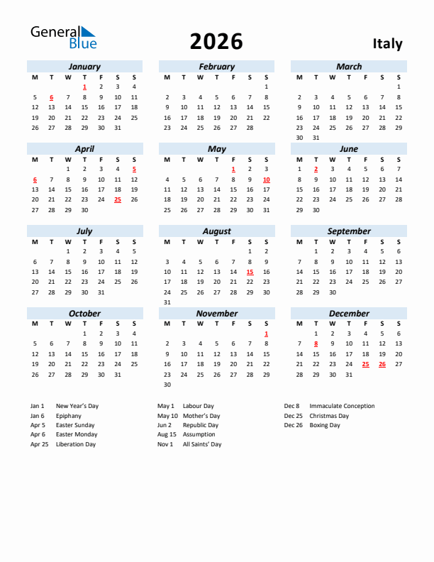 2026 Calendar for Italy with Holidays