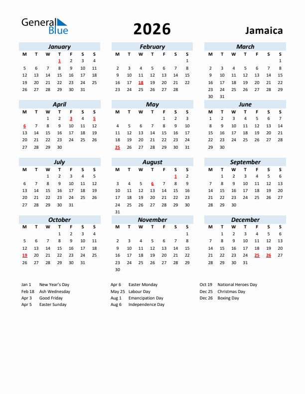 2026 Calendar for Jamaica with Holidays