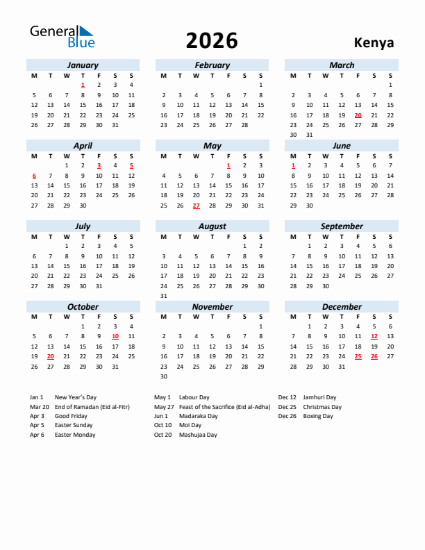 2026 Calendar for Kenya with Holidays
