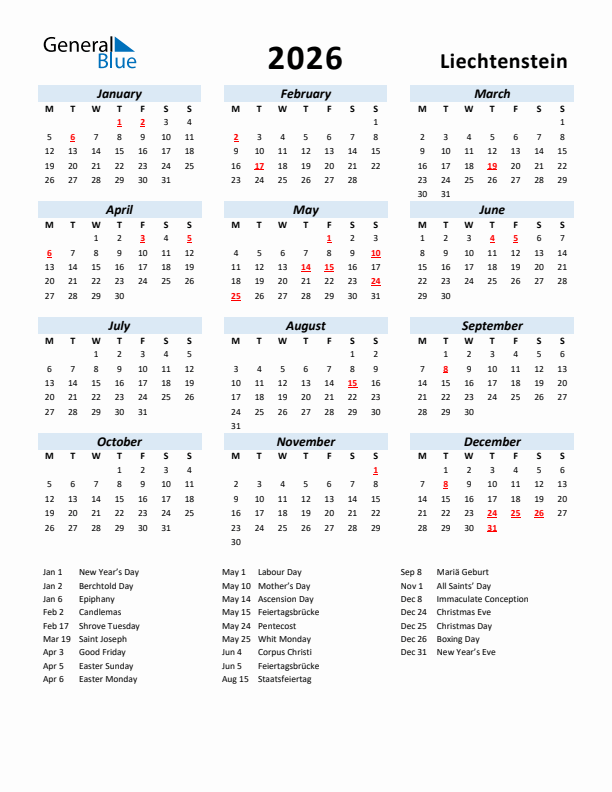 2026 Calendar for Liechtenstein with Holidays