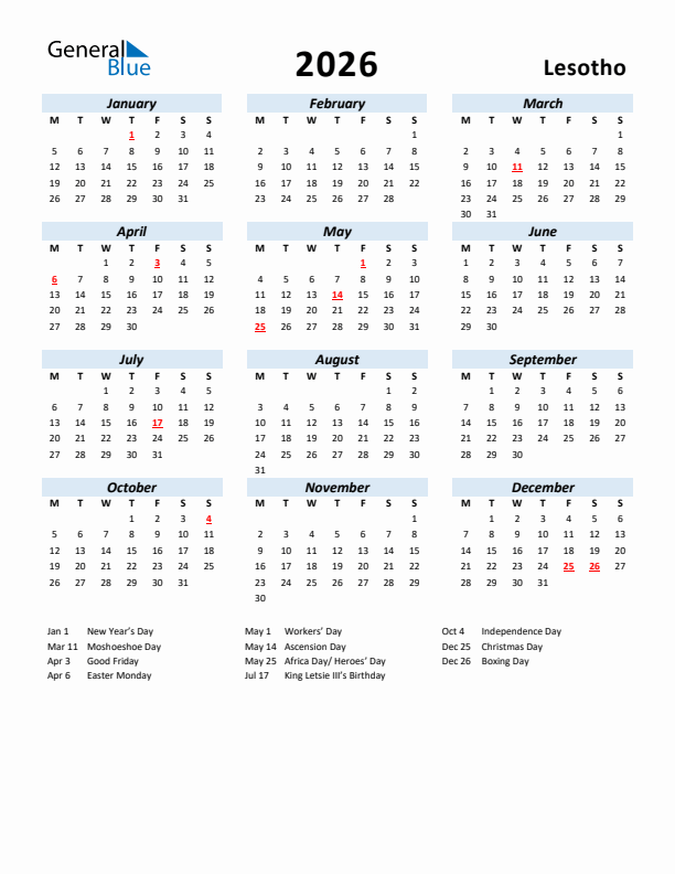 2026 Calendar for Lesotho with Holidays