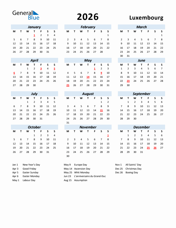 2026 Calendar for Luxembourg with Holidays