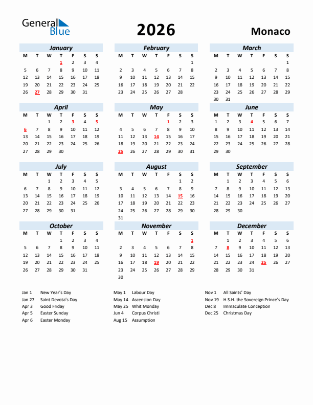 2026 Calendar for Monaco with Holidays