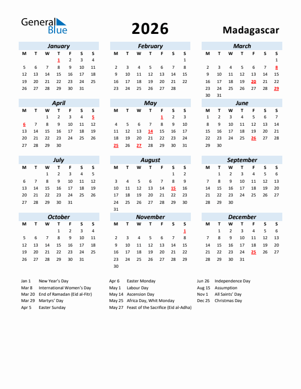 2026 Calendar for Madagascar with Holidays