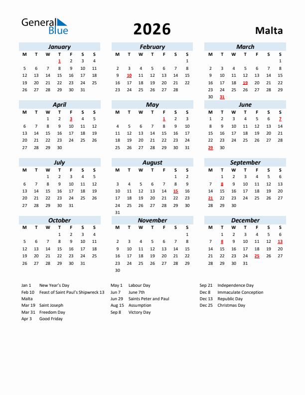 2026 Calendar for Malta with Holidays