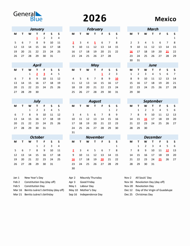 2026 Calendar for Mexico with Holidays