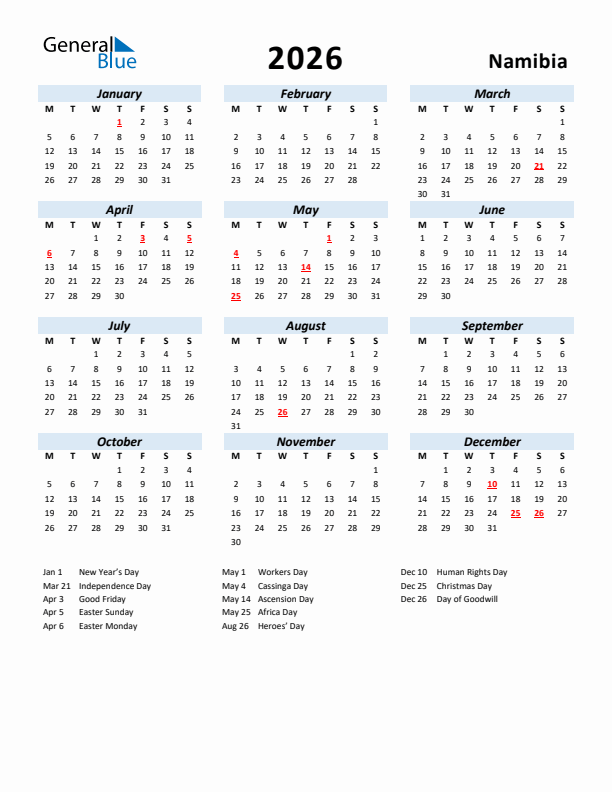 2026 Calendar for Namibia with Holidays
