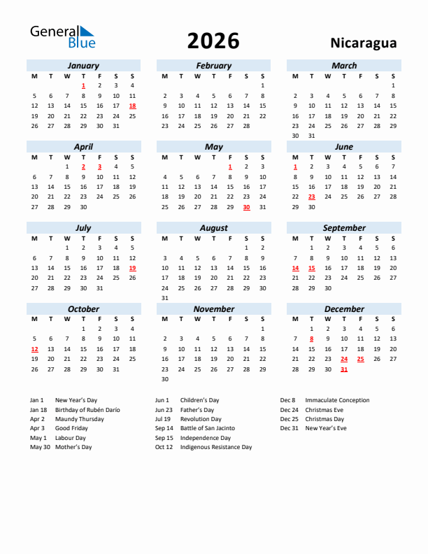 2026 Calendar for Nicaragua with Holidays