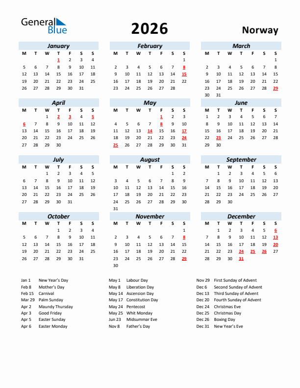 2026 Calendar for Norway with Holidays