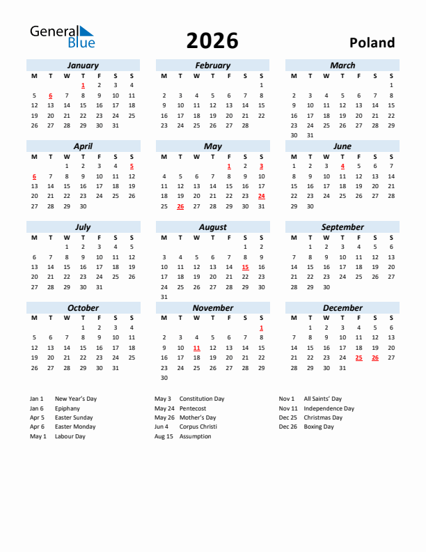 2026 Calendar for Poland with Holidays