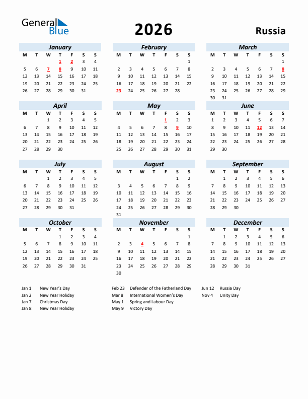 2026 Calendar for Russia with Holidays