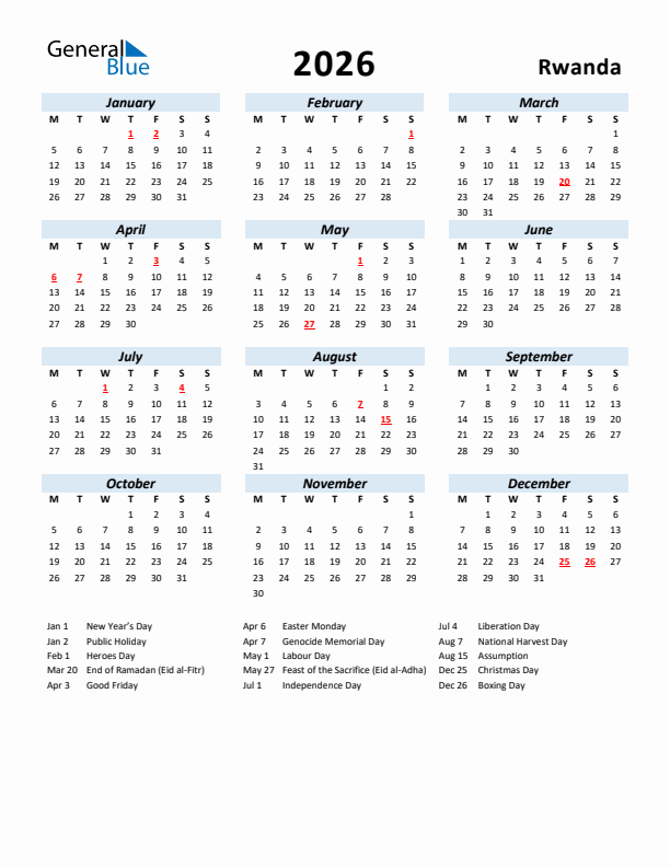 2026 Calendar for Rwanda with Holidays