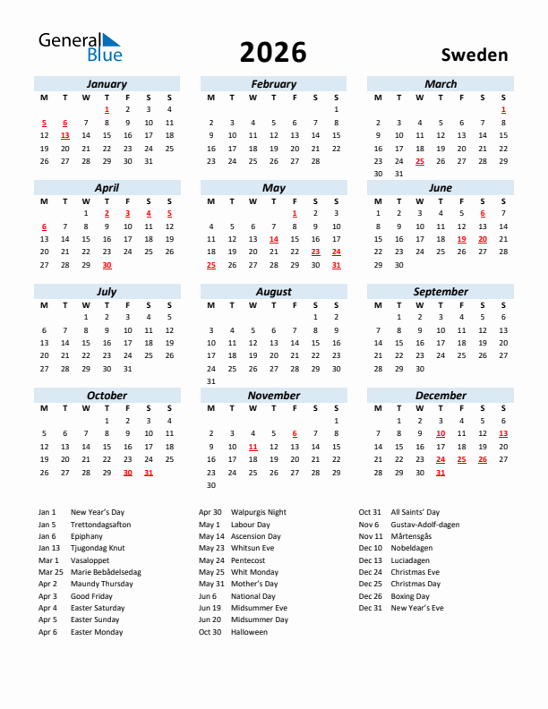 2026 Calendar for Sweden with Holidays