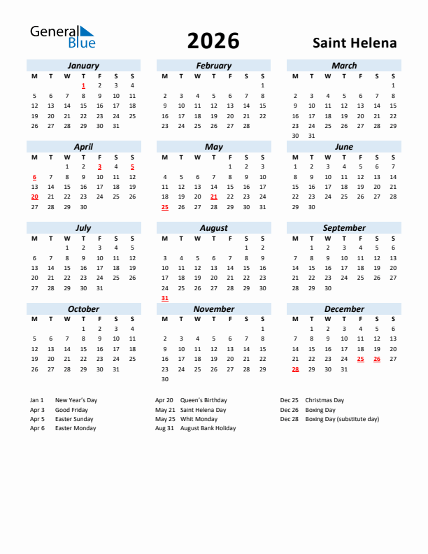 2026 Calendar for Saint Helena with Holidays
