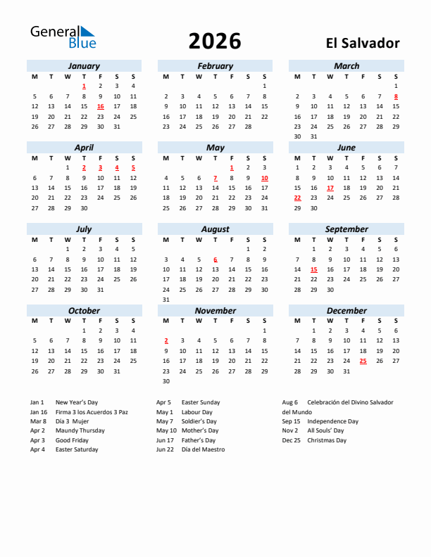 2026 Calendar for El Salvador with Holidays