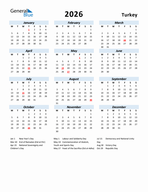 2026 Calendar for Turkey with Holidays