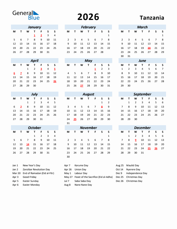 2026 Calendar for Tanzania with Holidays