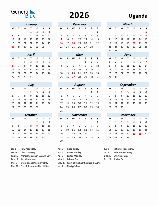 2026 Calendar for Uganda with Holidays