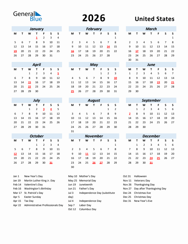 2026 Calendar for United States with Holidays