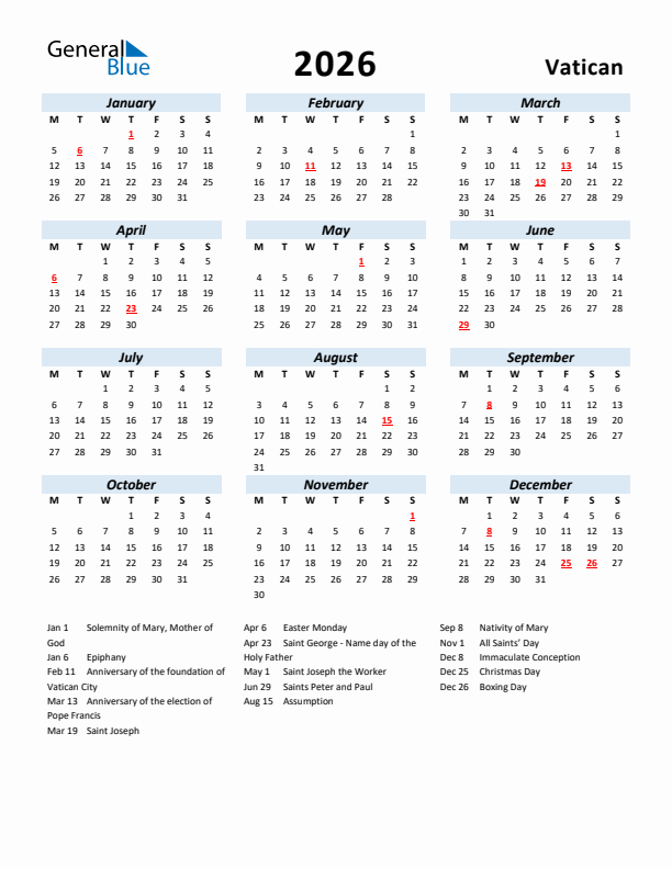 2026 Calendar for Vatican with Holidays