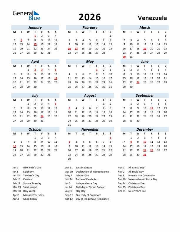 2026 Calendar for Venezuela with Holidays
