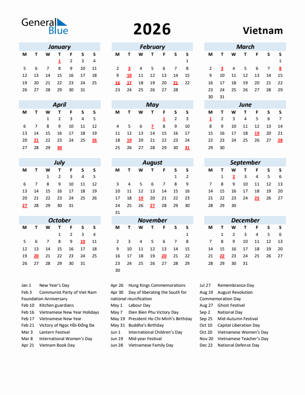 2026 Calendar for Vietnam with Holidays