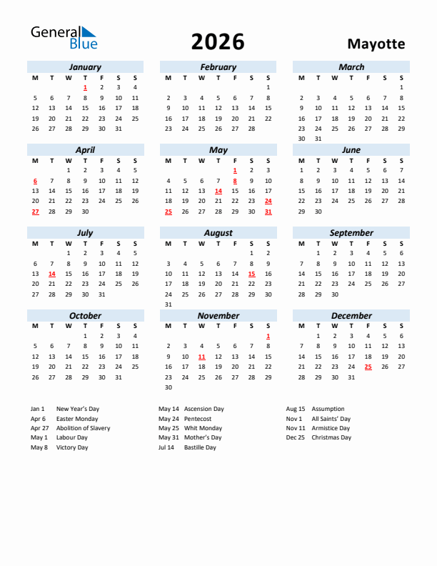 2026 Calendar for Mayotte with Holidays