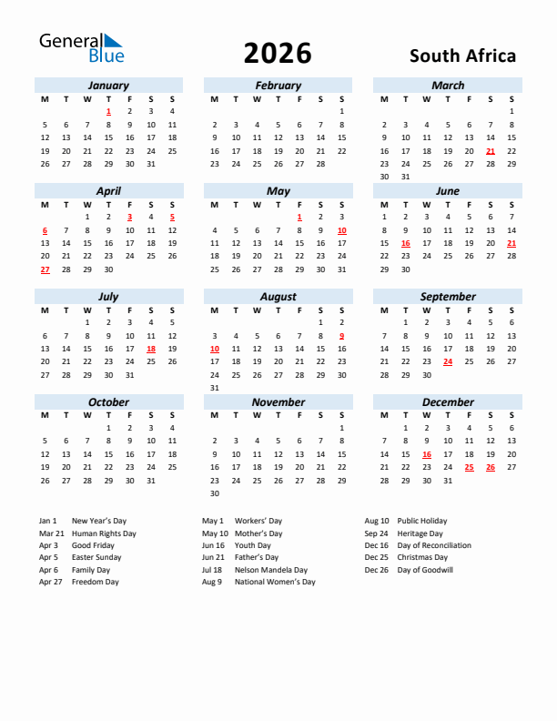 2026 Calendar for South Africa with Holidays