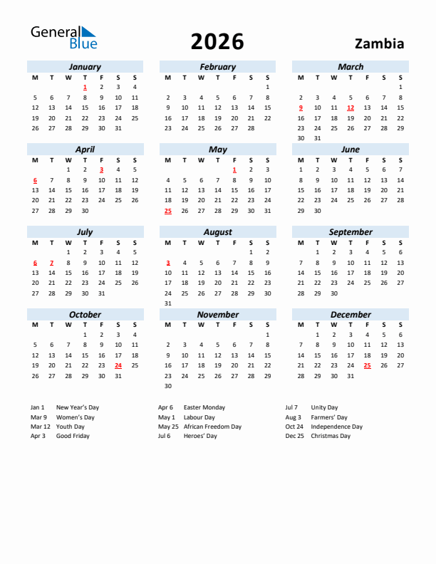 2026 Calendar for Zambia with Holidays