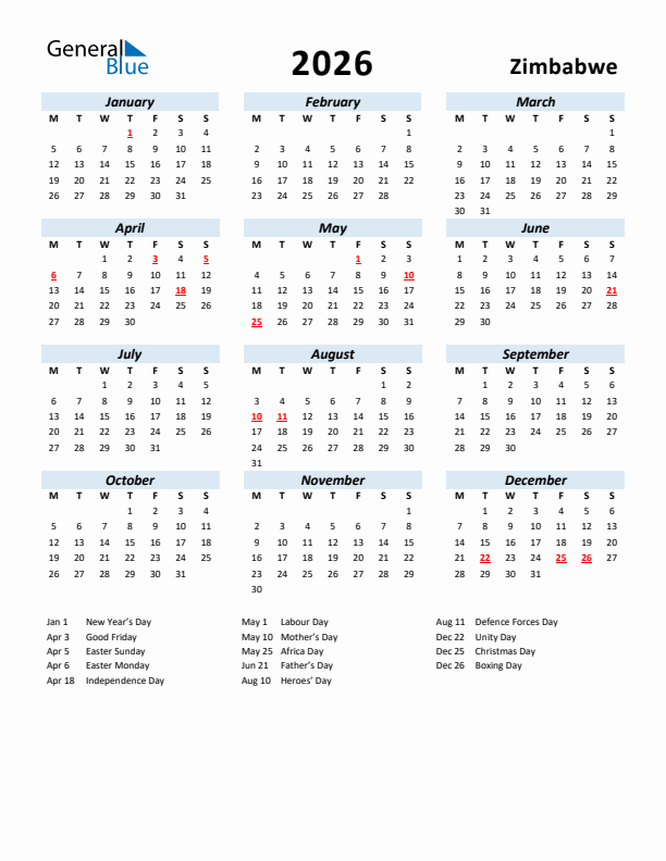 2026 Calendar for Zimbabwe with Holidays