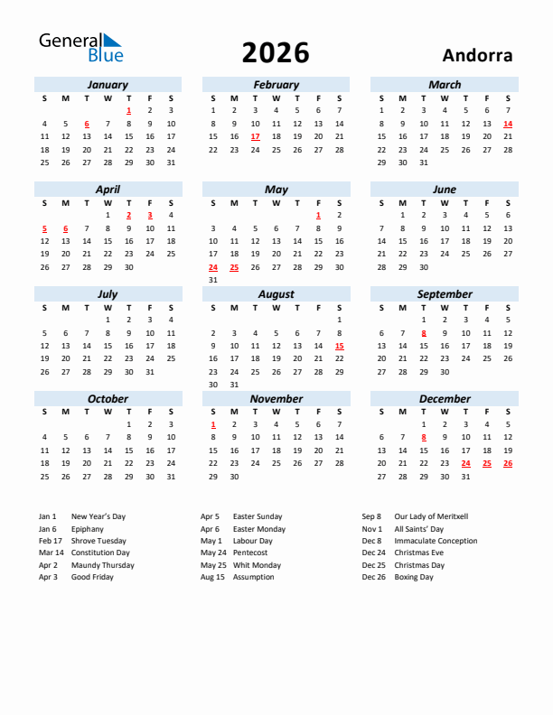2026 Calendar for Andorra with Holidays