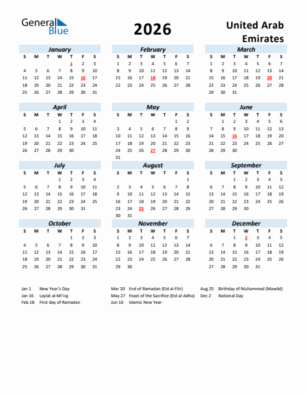 2026 Calendar for United Arab Emirates with Holidays