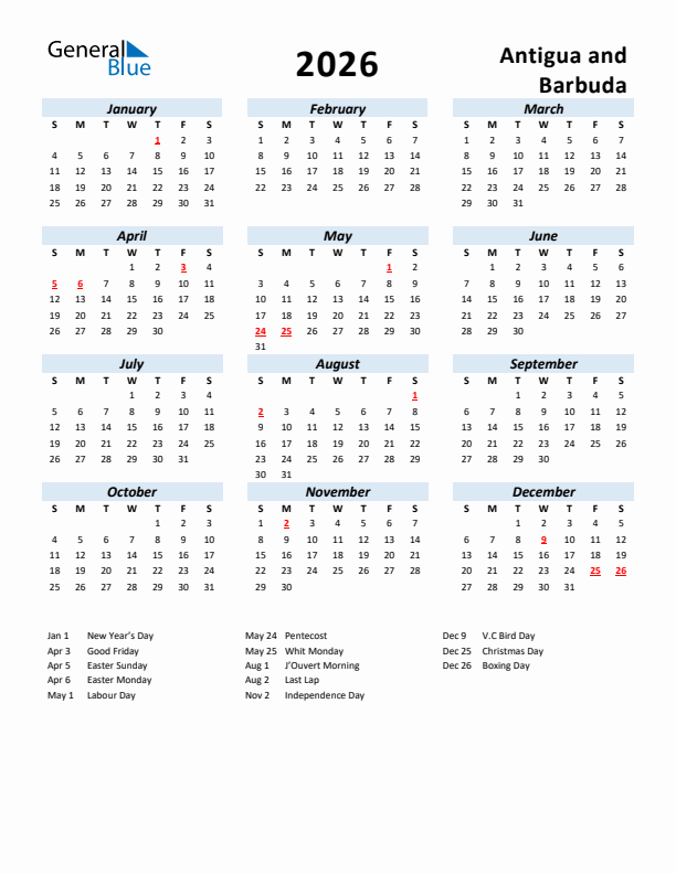 2026 Calendar for Antigua and Barbuda with Holidays
