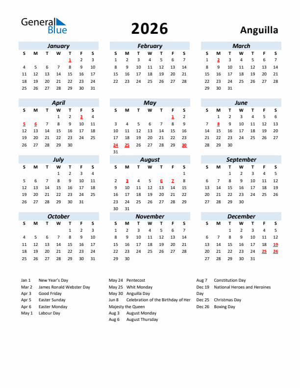 2026 Calendar for Anguilla with Holidays
