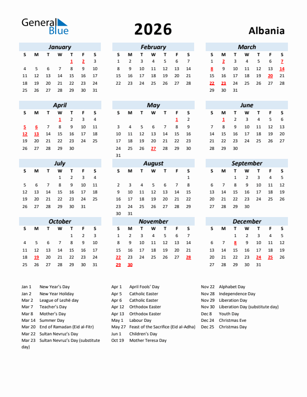 2026 Calendar for Albania with Holidays