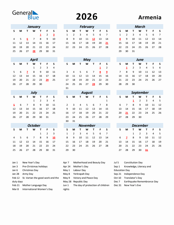 2026 Calendar for Armenia with Holidays