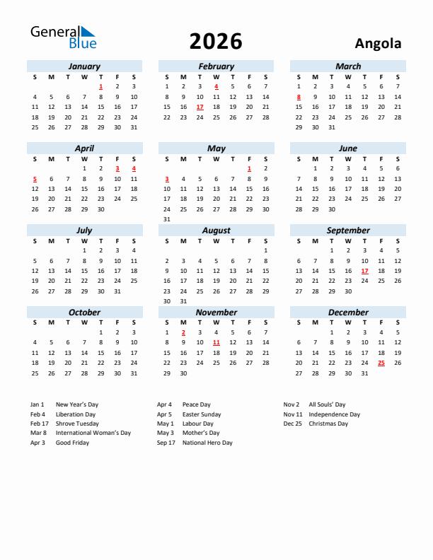 2026 Calendar for Angola with Holidays